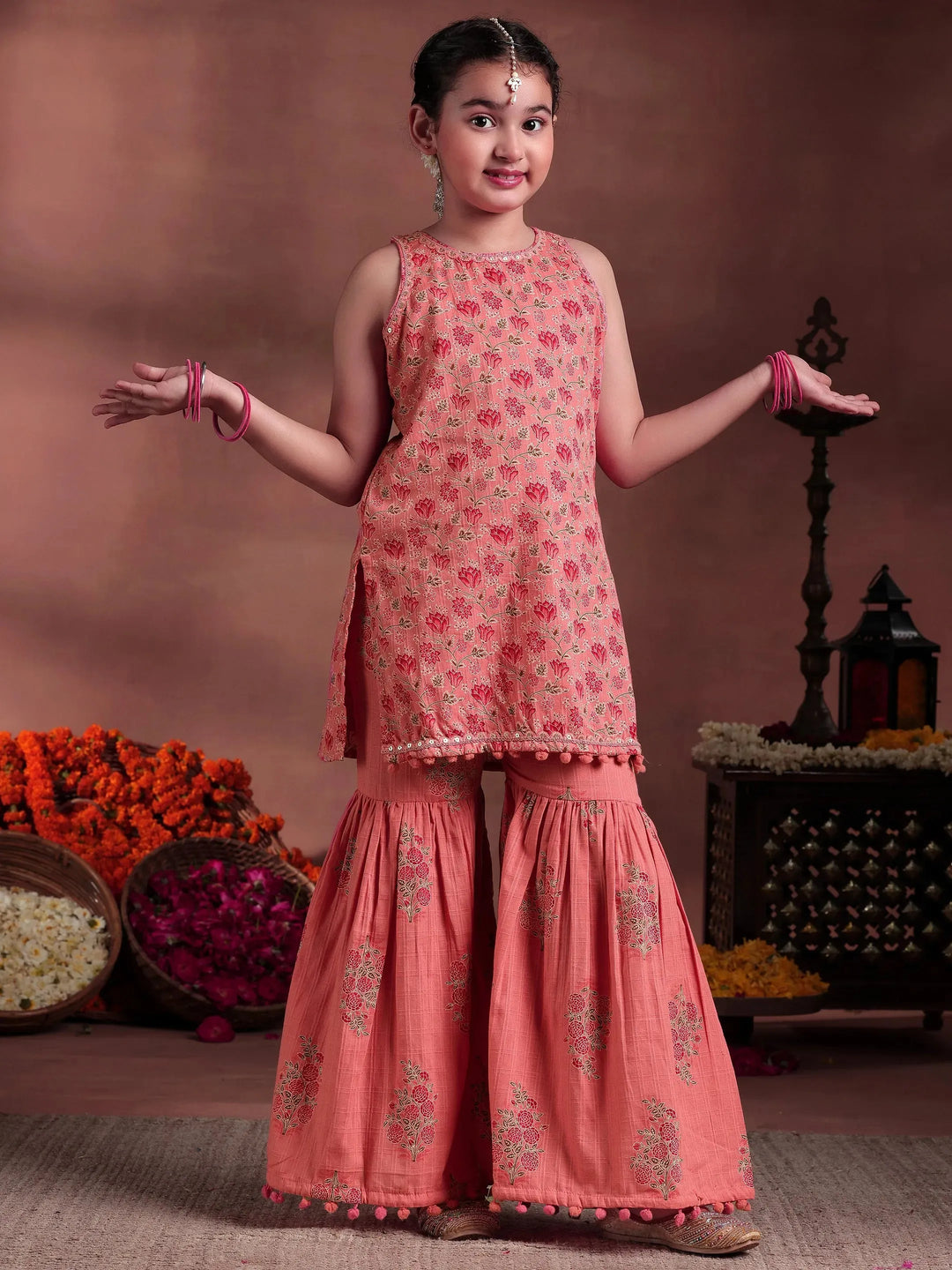  Kids Peach Printed Cotton Straight Suit With Dupatta 