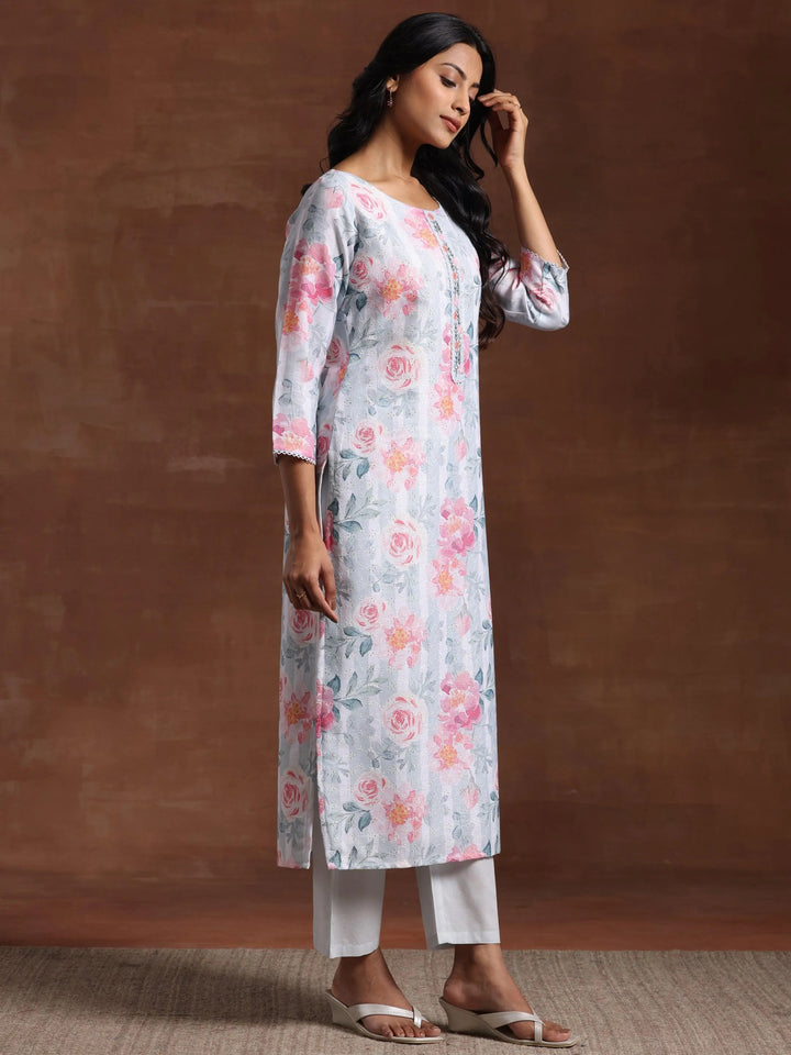 Grey Printed Cotton Blend Straight Suit With Dupatta - Libas
