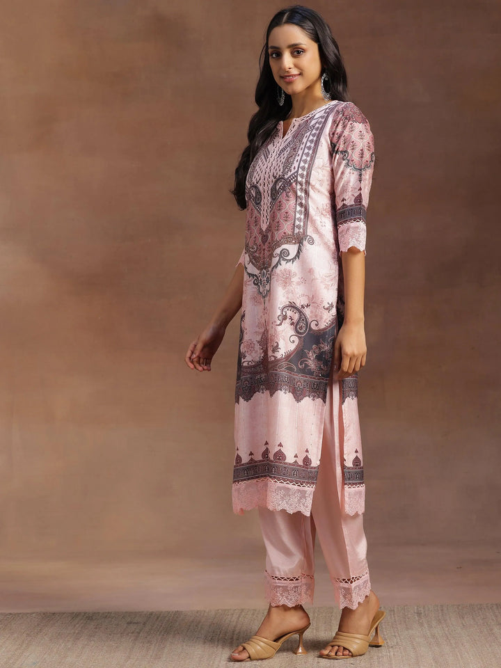 Pink Printed Silk Blend Straight Suit With Dupatta - Libas