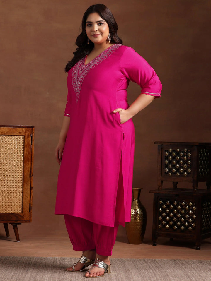 Plus Size Pink Yoke Design Silk Blend Straight Kurta Set - Libas