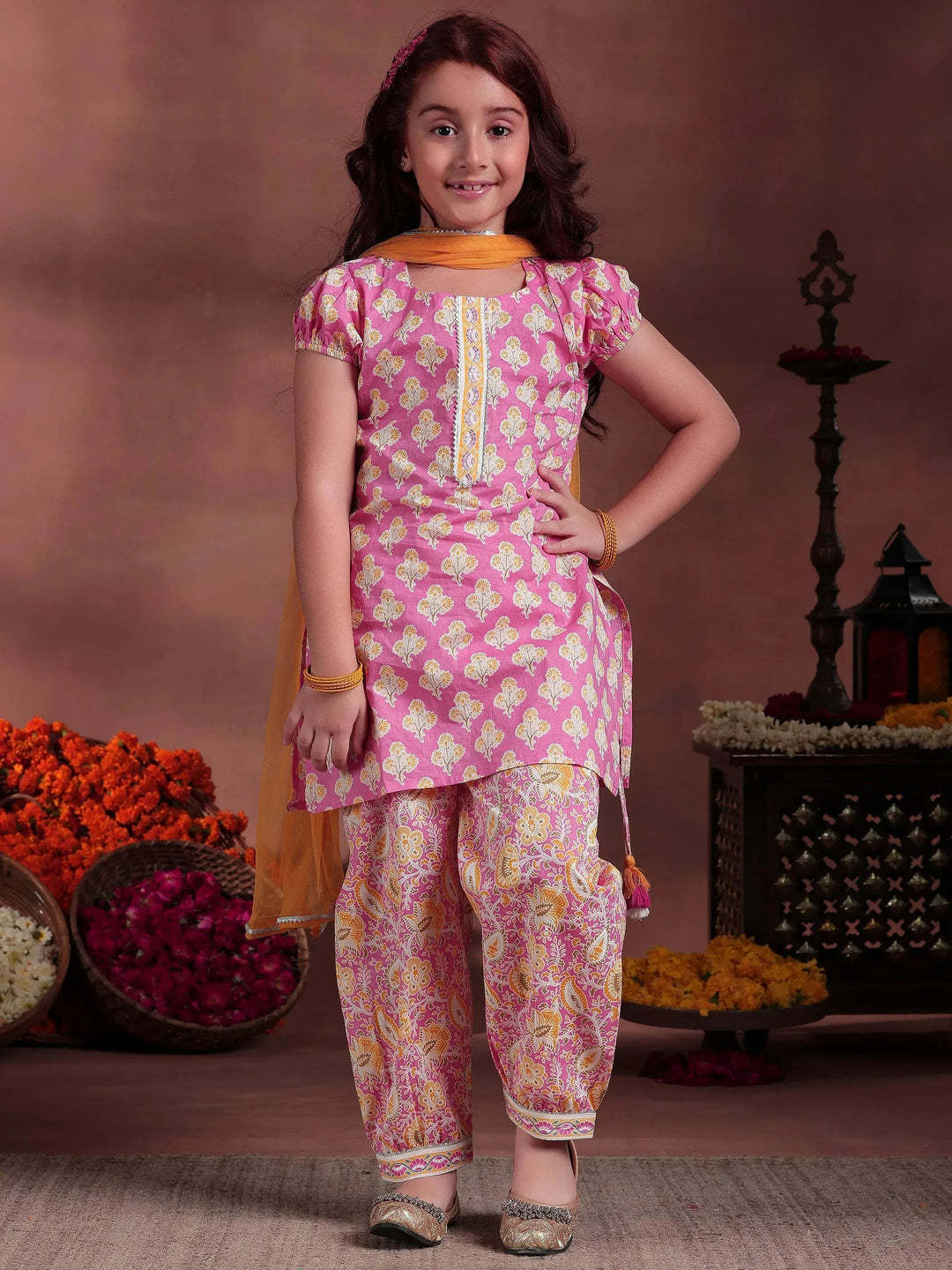  Kids Pink Printed Cotton Straight Suit With Dupatta 