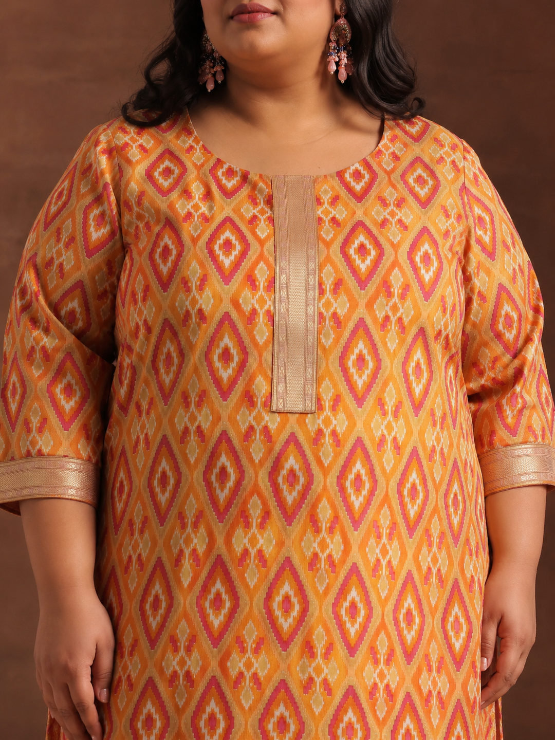  Plus Size Orange Floral Printed Cotton Straight Suit Set 