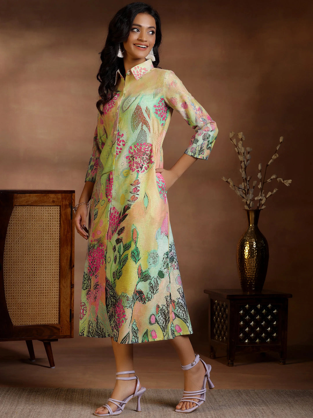  Multi Printed Cotton Blend Shirt Dress 
