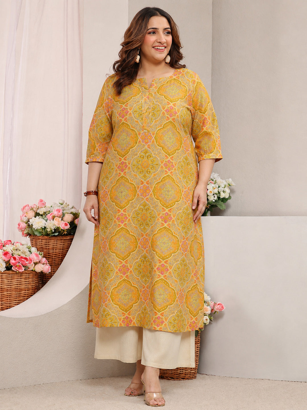  Plus Size Yellow Motif Printed Silk Blend Straight Kurta 