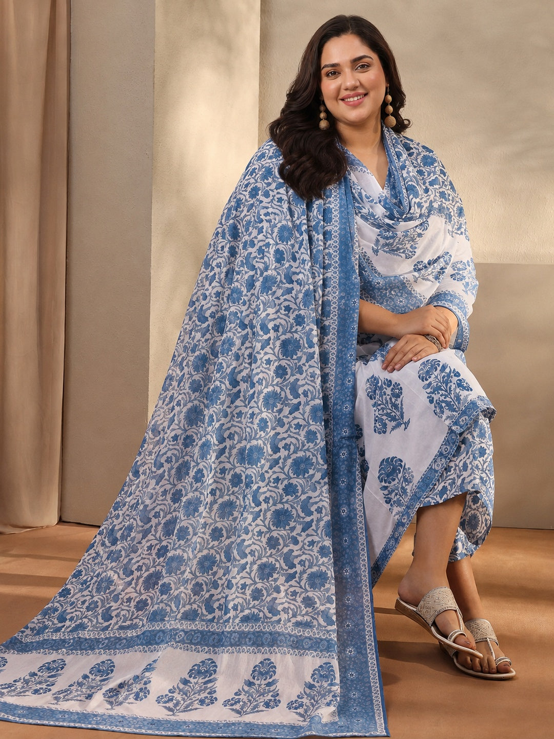  Plus Size Blue Floral Printed Cotton Blend Anarkali Suit Set 