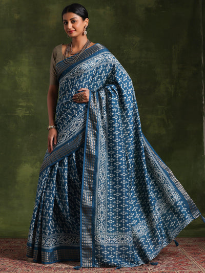 Teal Printed Silk Blend Saree With Unstitched Blouse Piece - Libas