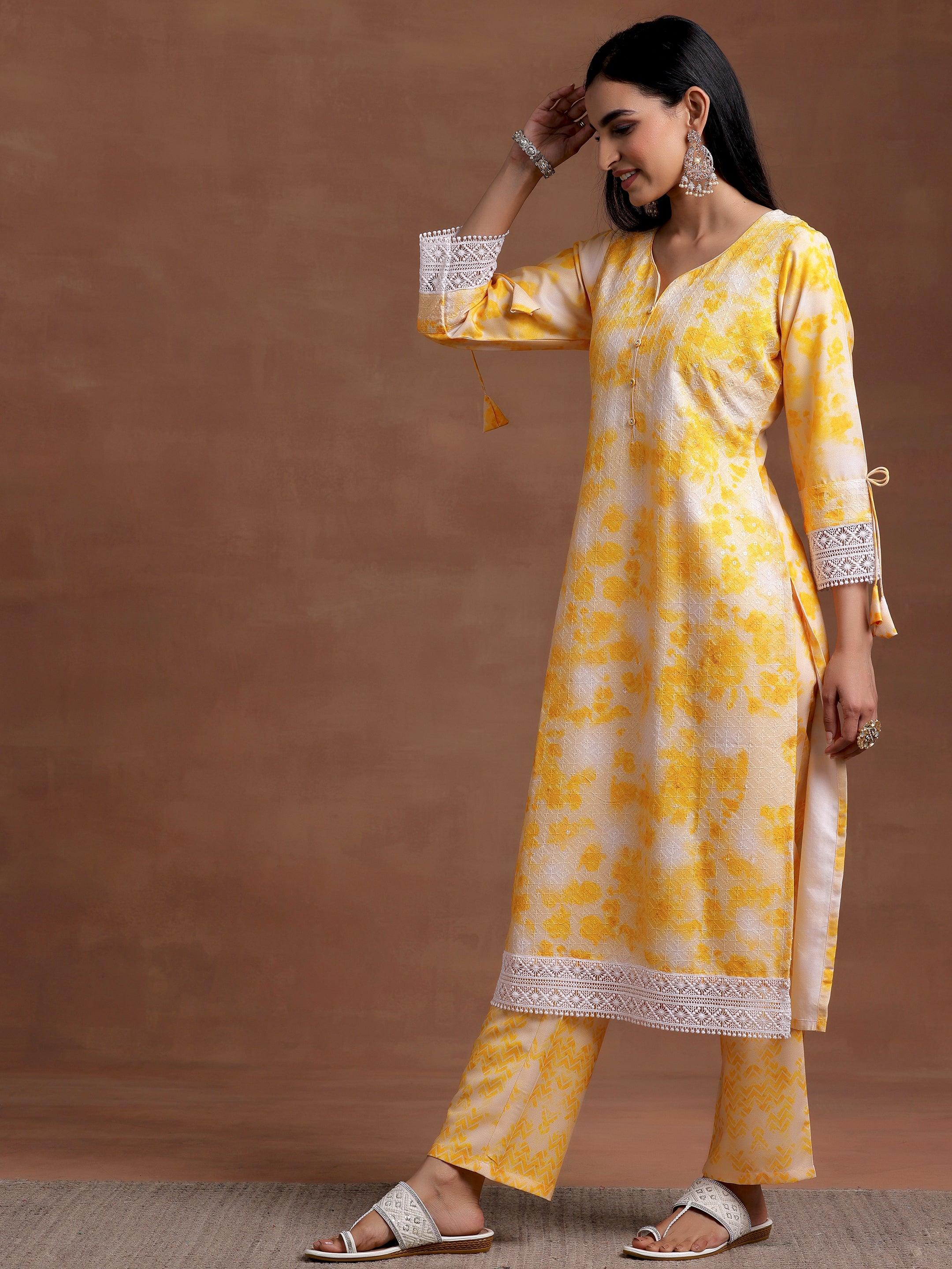 Yellow Embroidered Cotton Blend Straight Suit With Dupatta
