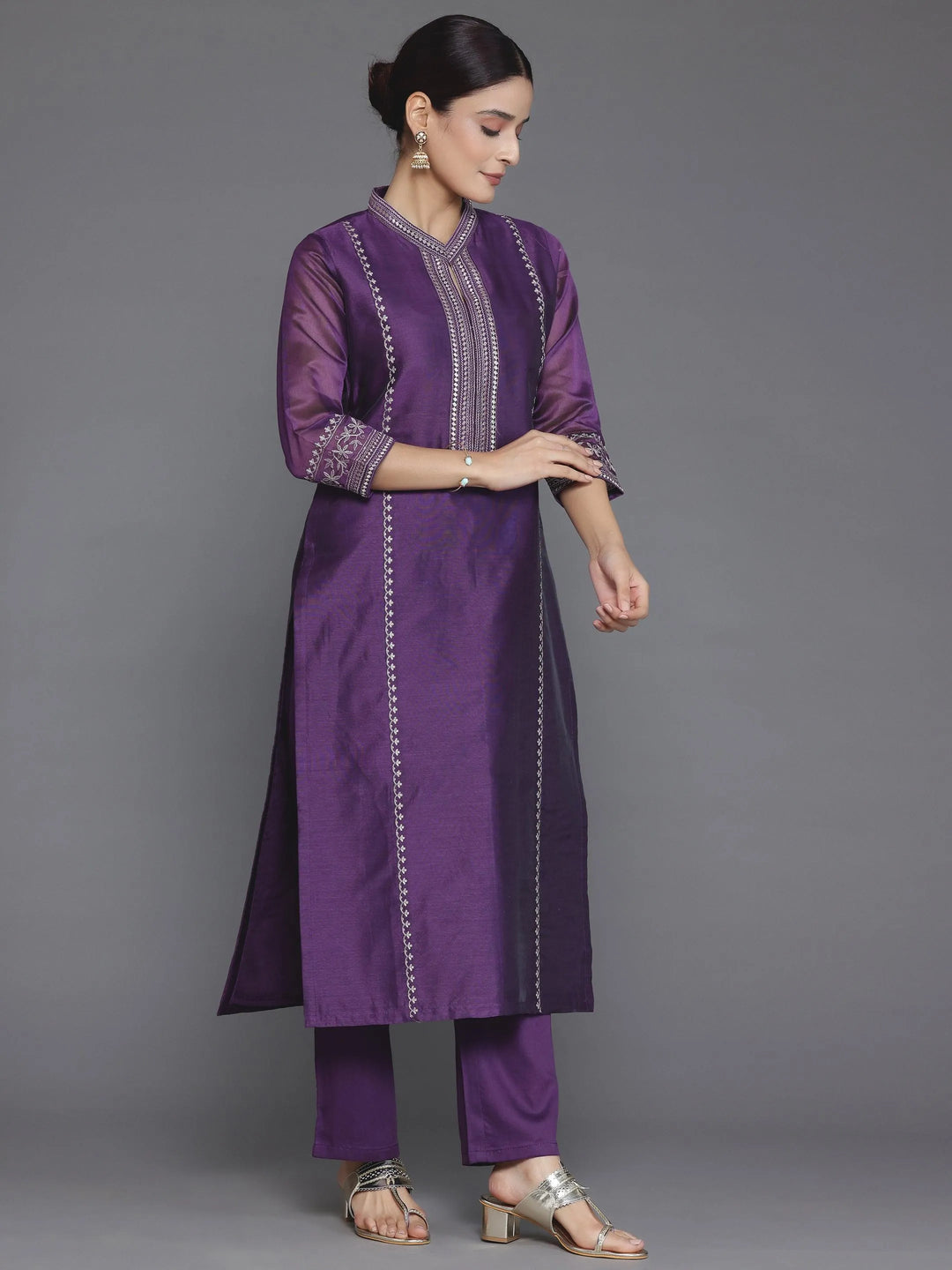 Wine Embroidered Chanderi Silk Straight Suit With Dupatta - Libas 