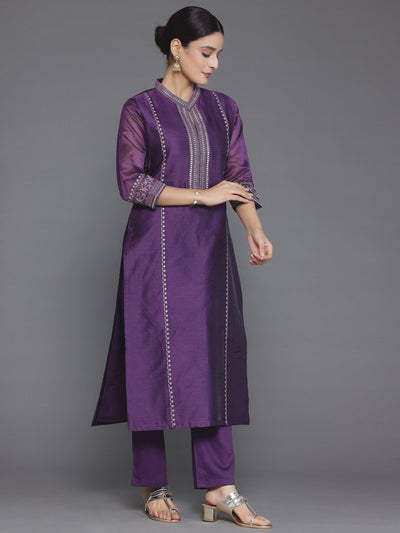 Wine Embroidered Chanderi Silk Straight Suit With Dupatta - Libas