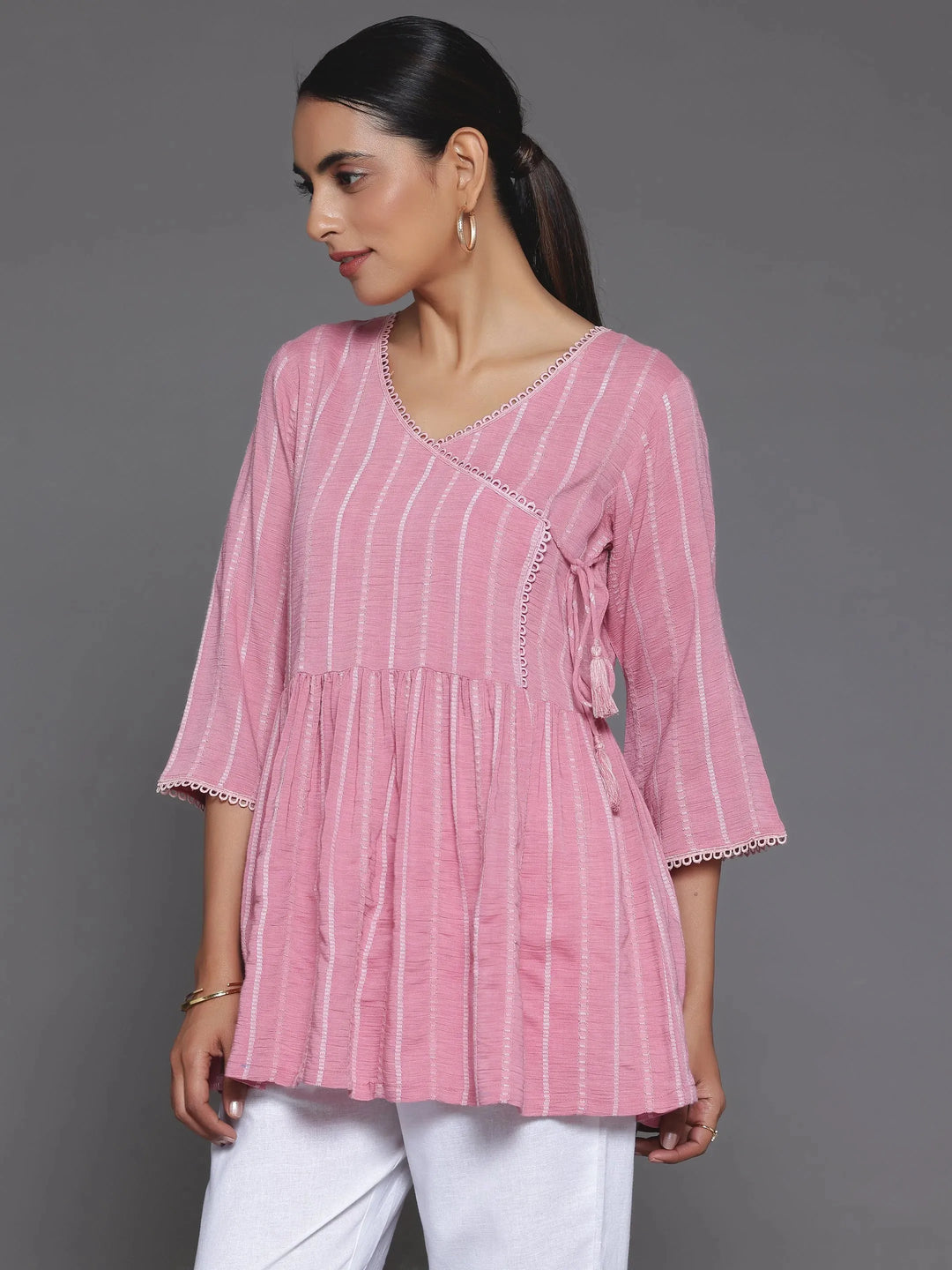  Pink Woven Design Cotton Blend A-Line Kurti 