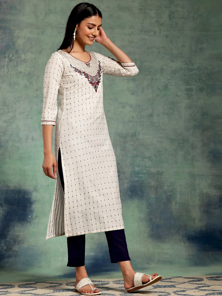 Off White Yoke Design Cotton Straight Kurta - Libas