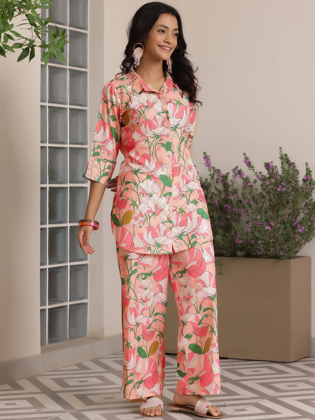  Peach Printed Silk Blend Co-Ords 