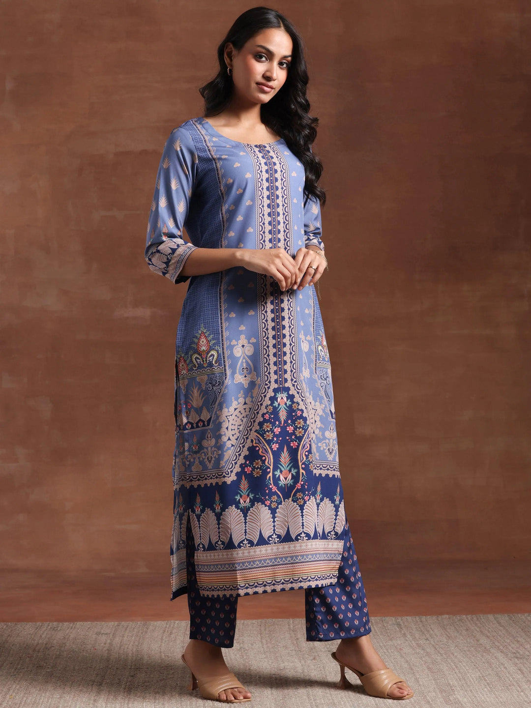 Blue Printed Crepe Straight Kurta Set - Libas