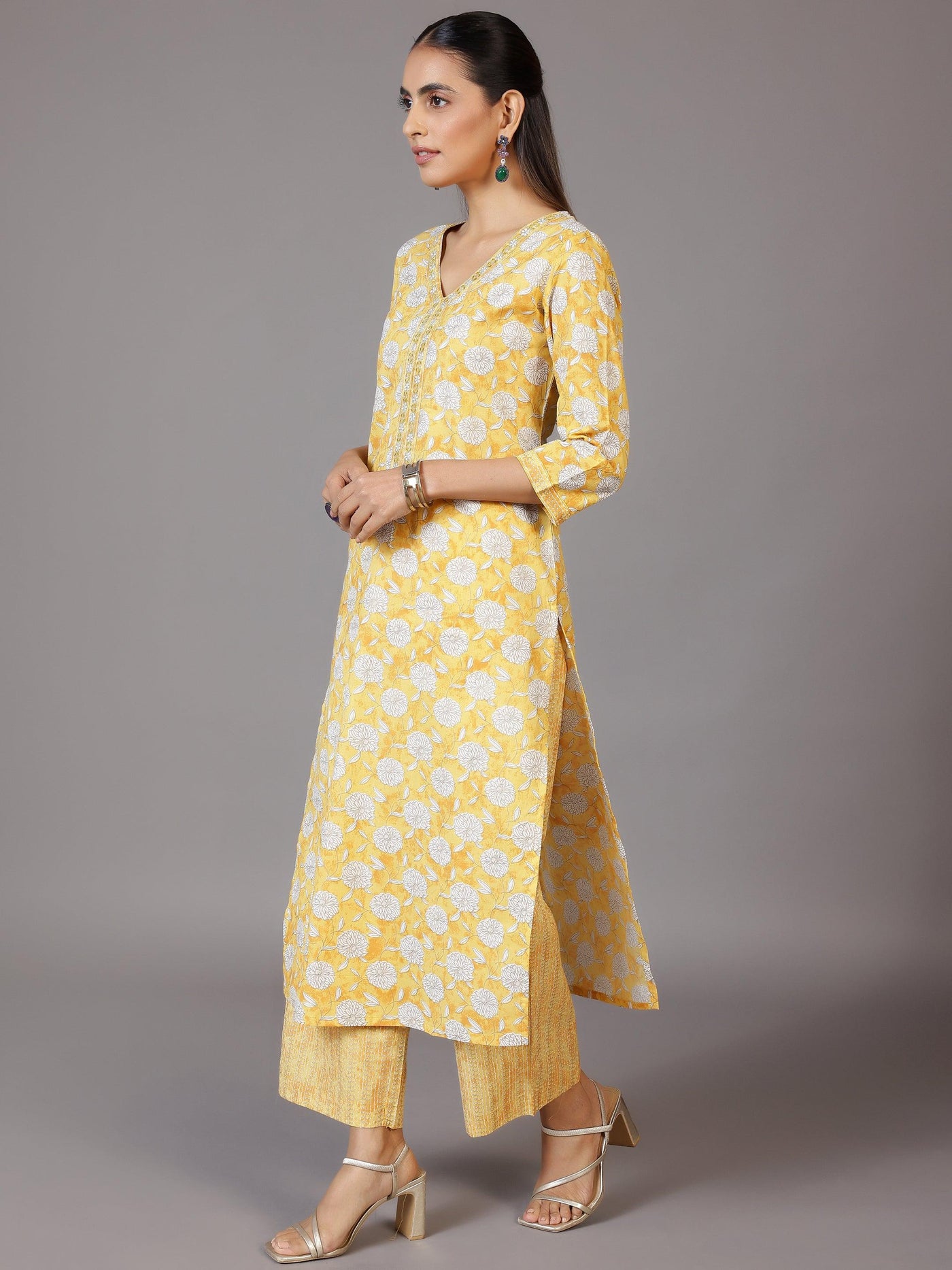 Yellow Printed Cotton Straight Suit With Dupatta - Libas