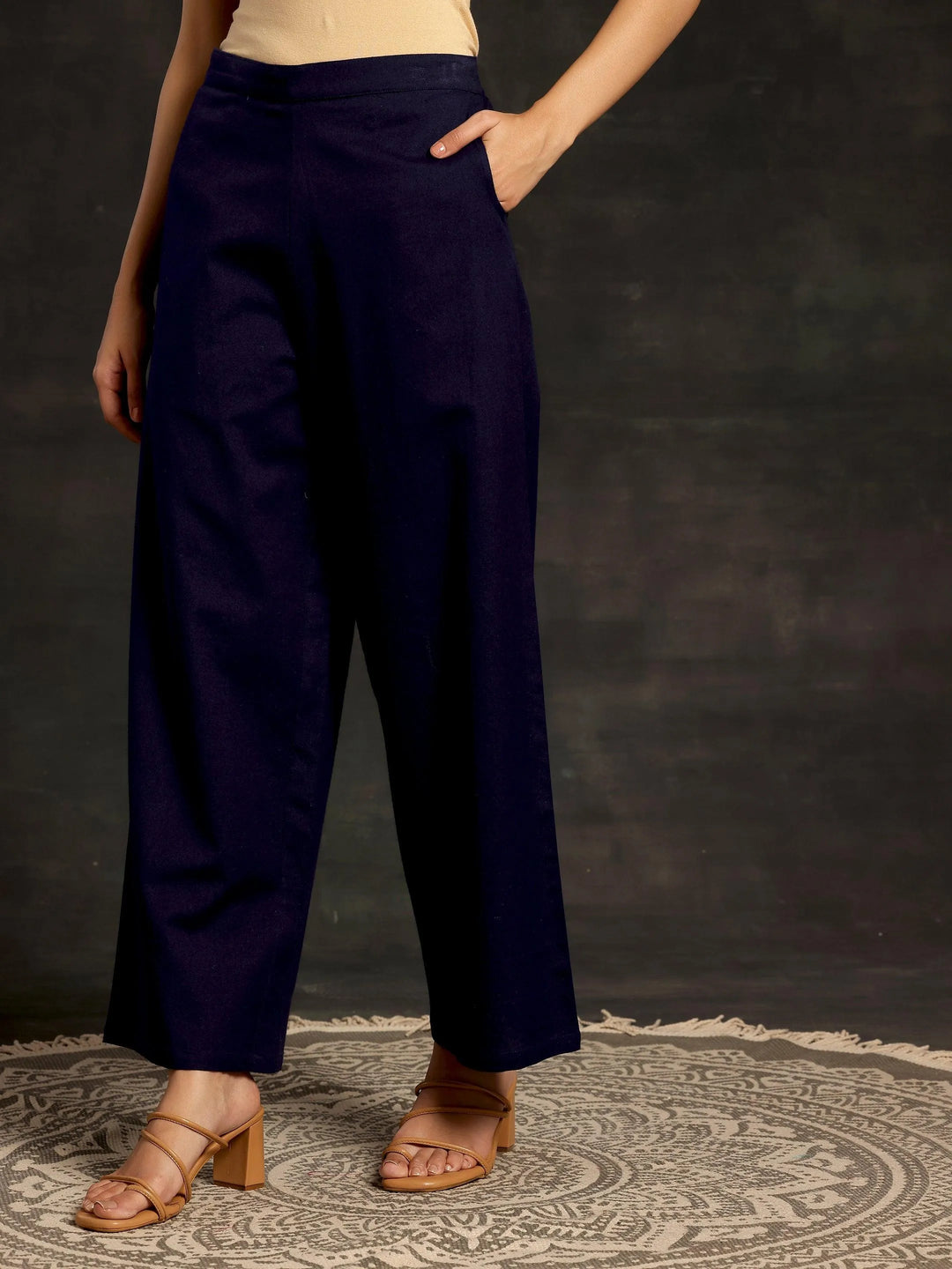 Navy Blue Solid Cotton Palazzos - Libas