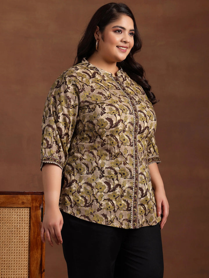 Plus Size Brown Printed Cotton Straight Kurti - Libas