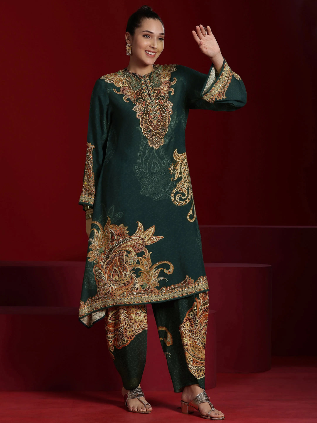 Libas Art Green Printed Silk Blend A-line Kurta With Dhoti Pants 