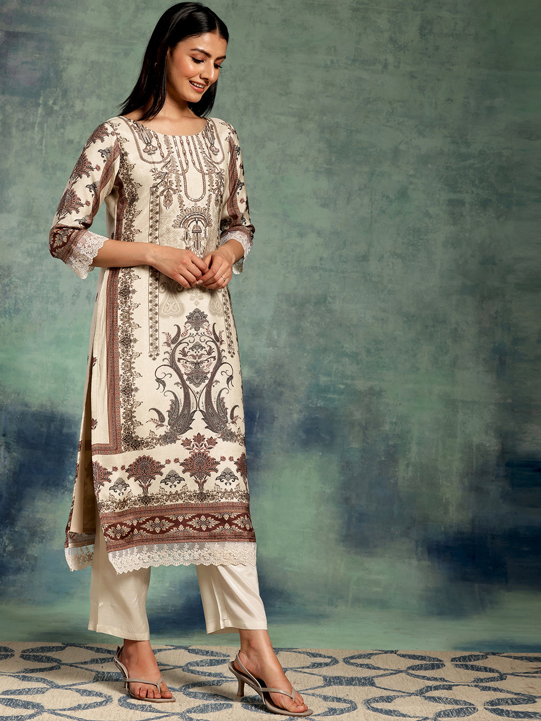  Ivory Printed Silk Blend Straight Suit Set With Dupatta 