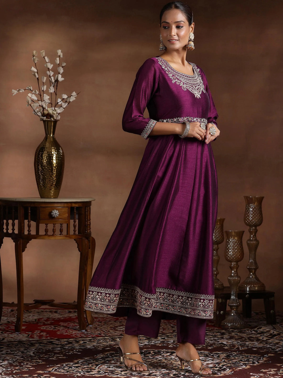  Wine Yoke Design Silk Blend Anarkali Suit With Dupatta 