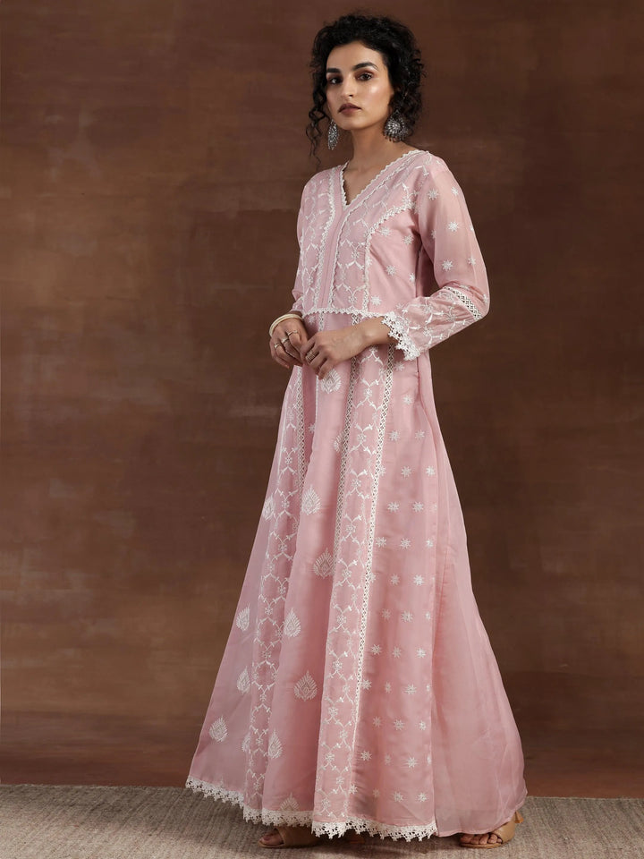 Pink Embroidered Organza A-Line Kurta With Palazzos & Dupatta - Libas