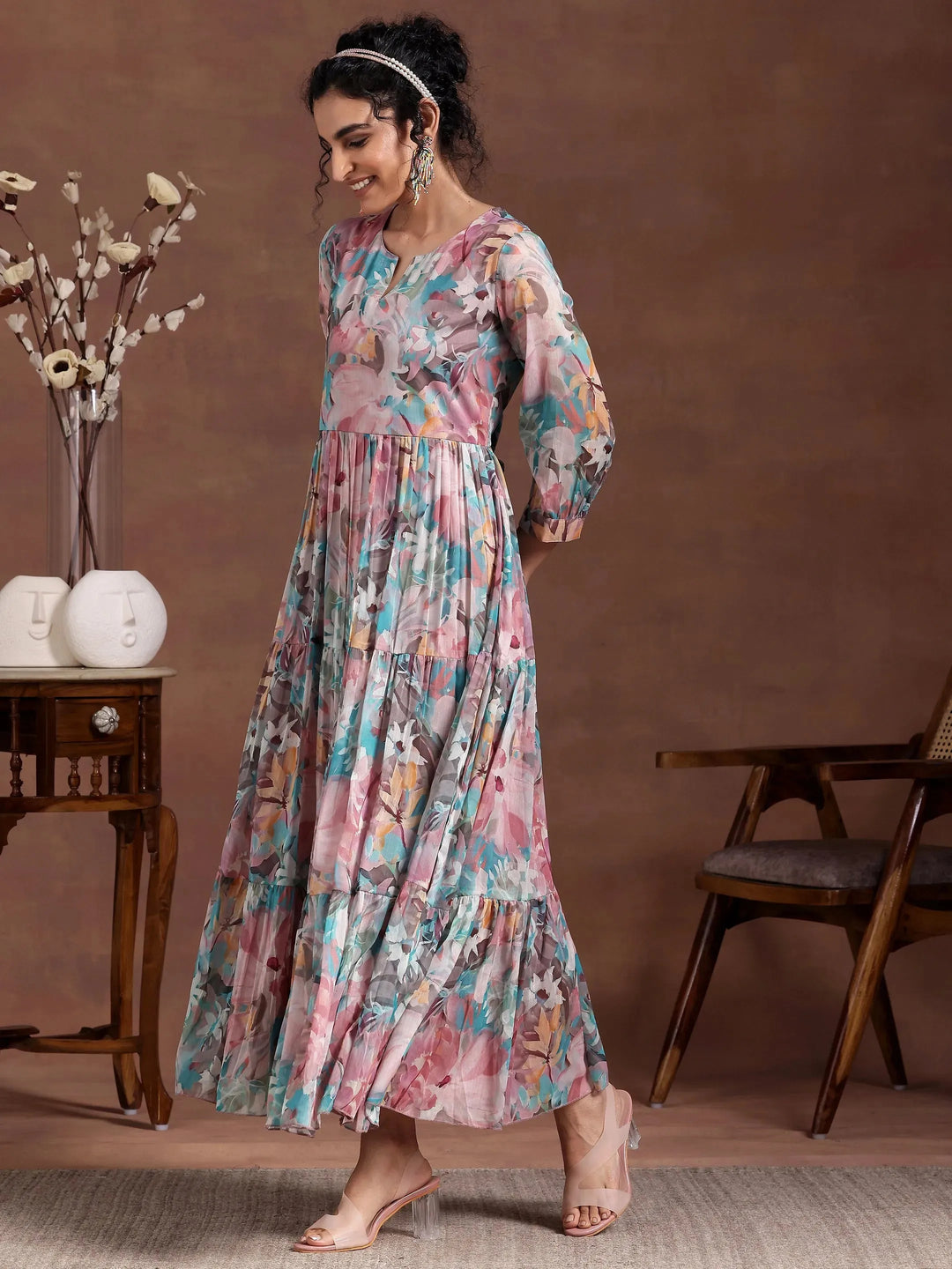  Mauve Printed Chiffon Fit and Flare Dress 