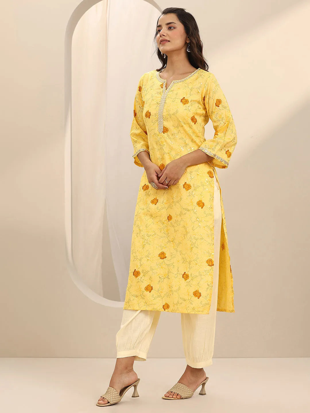  Yellow Printed Cotton Blend Straight Suit Set With Dupatta 