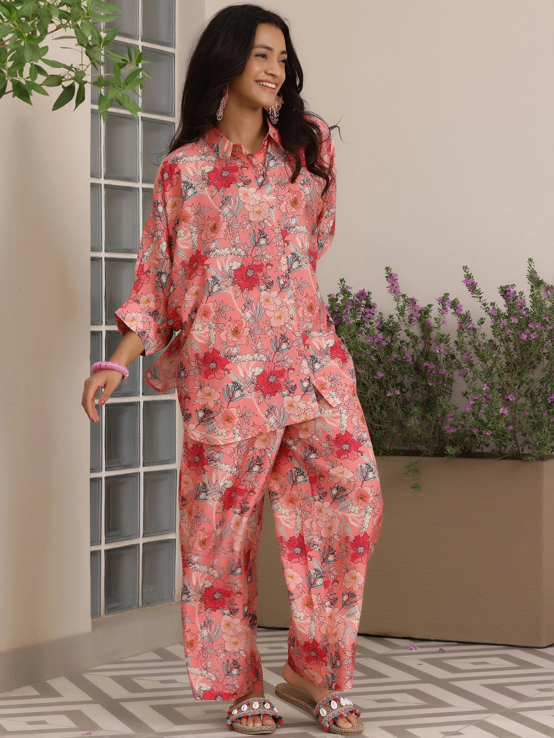  Pink Printed Silk Blend Co-Ords 