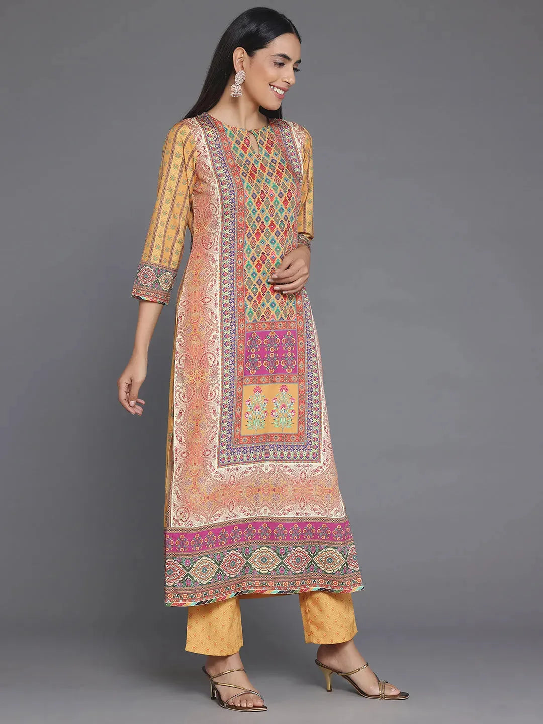 Mustard Printed Poly Crepe Straight Suit With Dupatta 