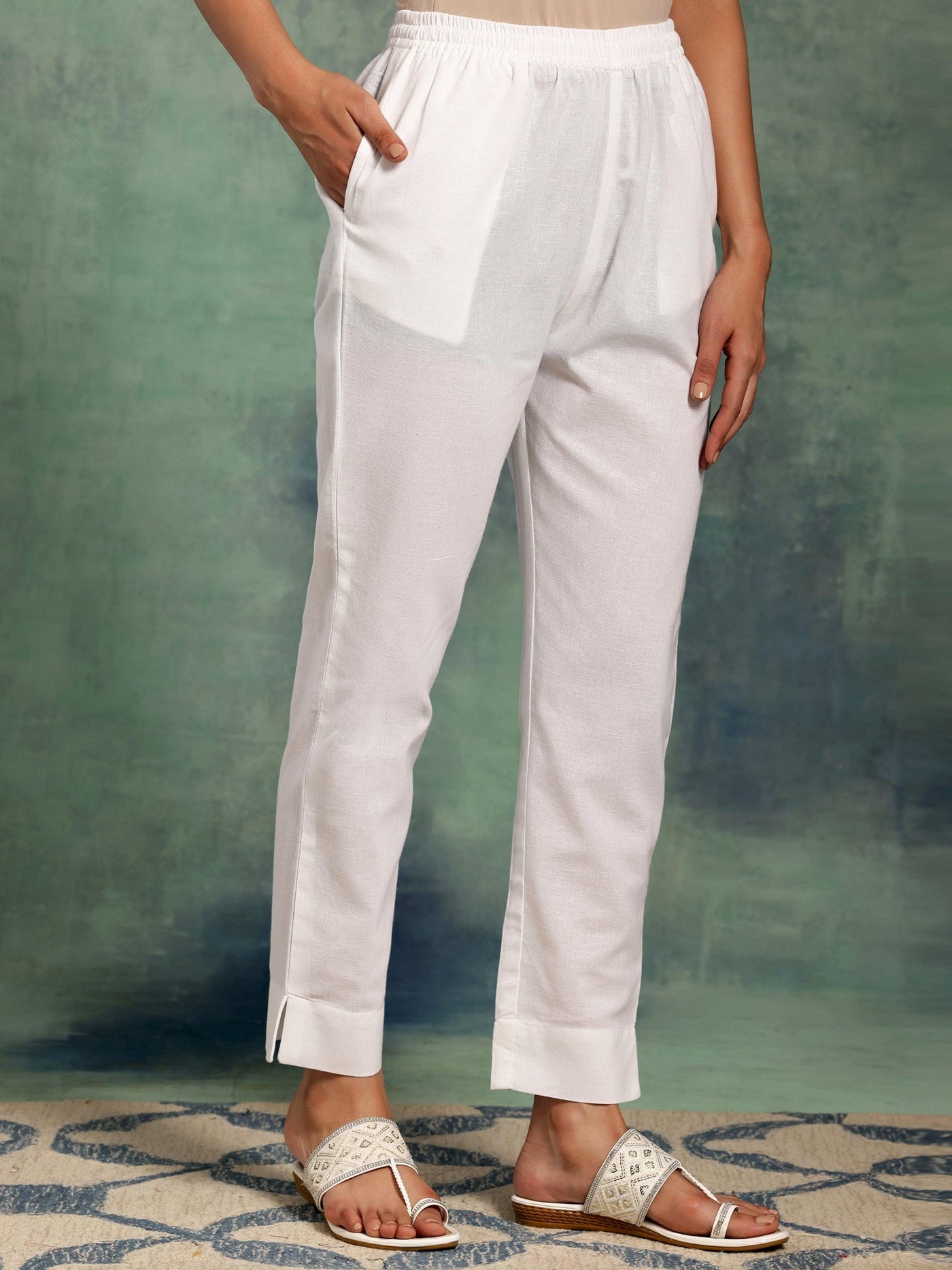 White Solid Cotton Straight Fit Trousers - Libas