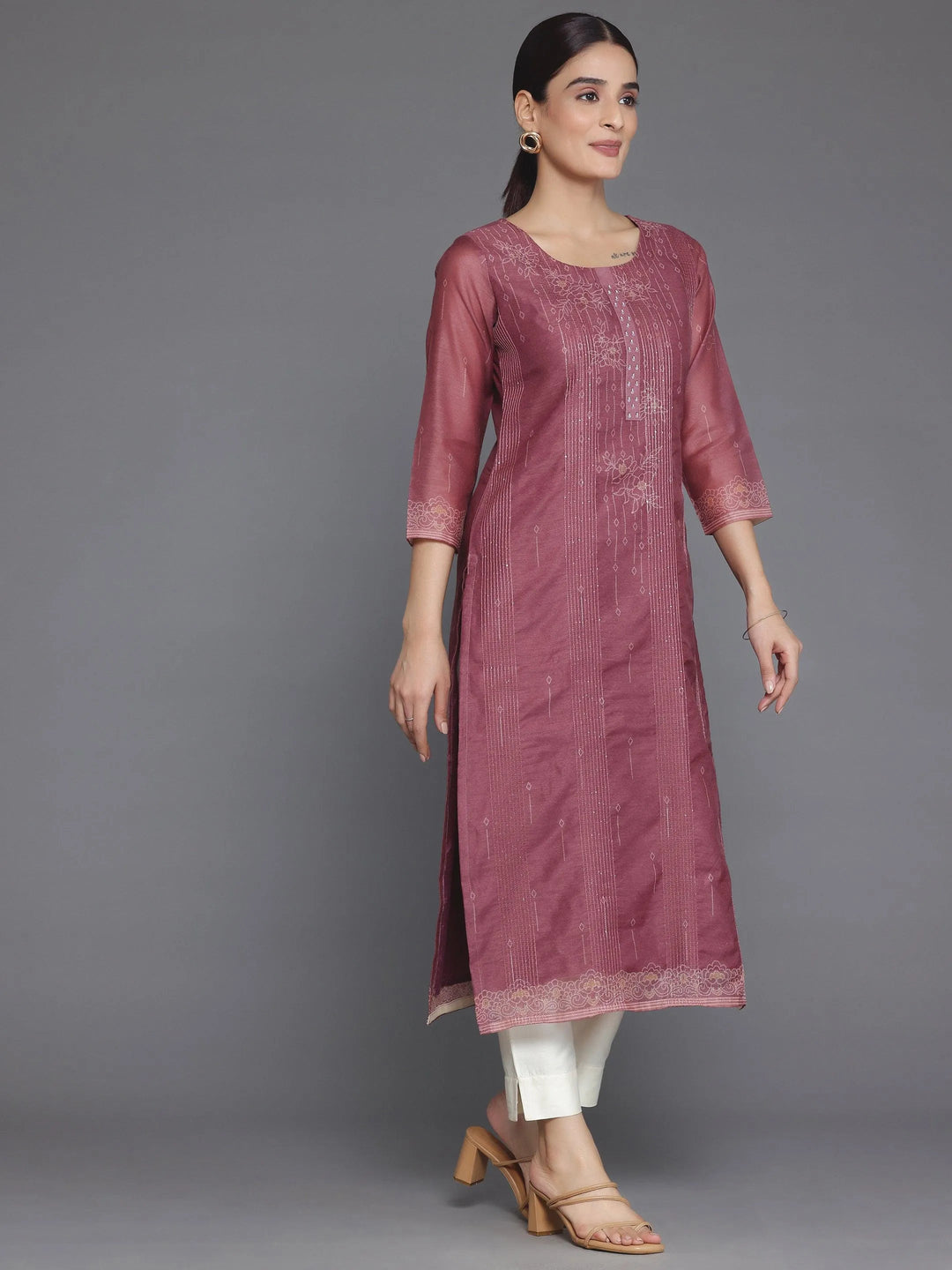 Mauve Embellished Chanderi Silk Straight Kurta - Libas 