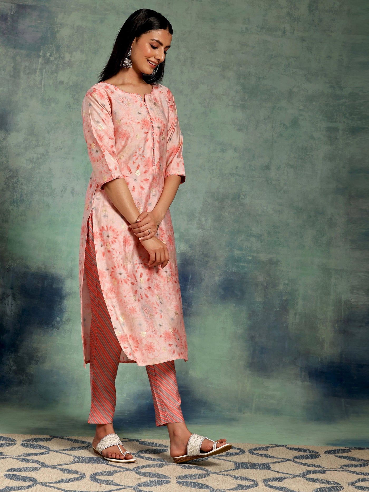Peach Printed Silk Blend Straight Suit With Dupatta - Libas