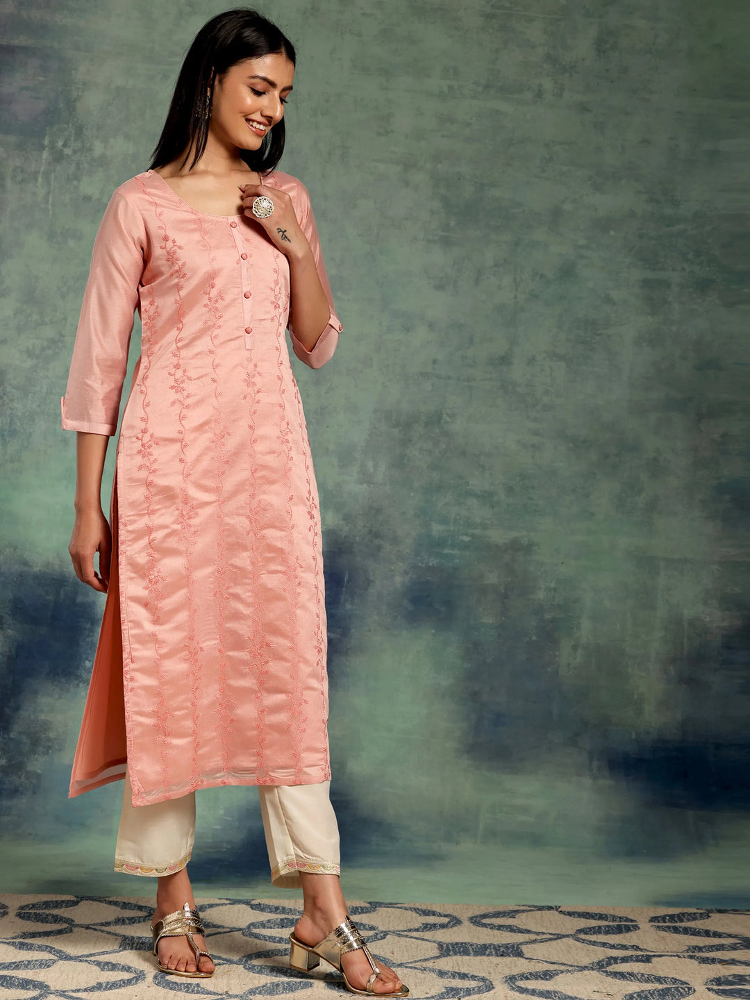  Peach Embroidered Chanderi Silk Straight Kurta 