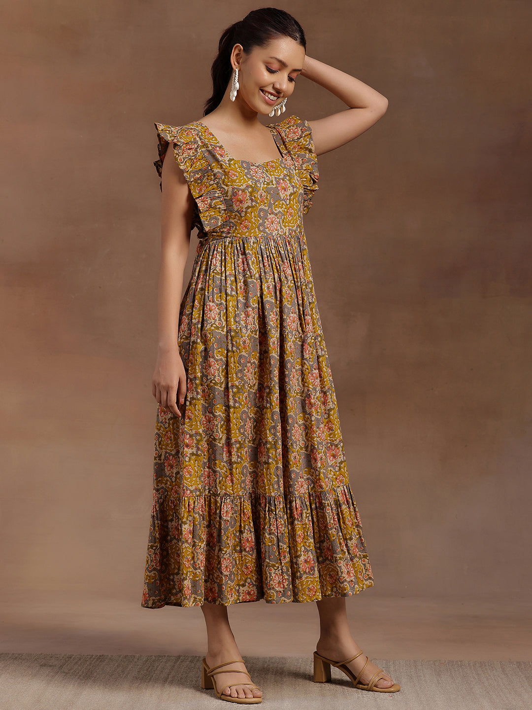  Mustard Printed Cotton Fit and Flare Dress 