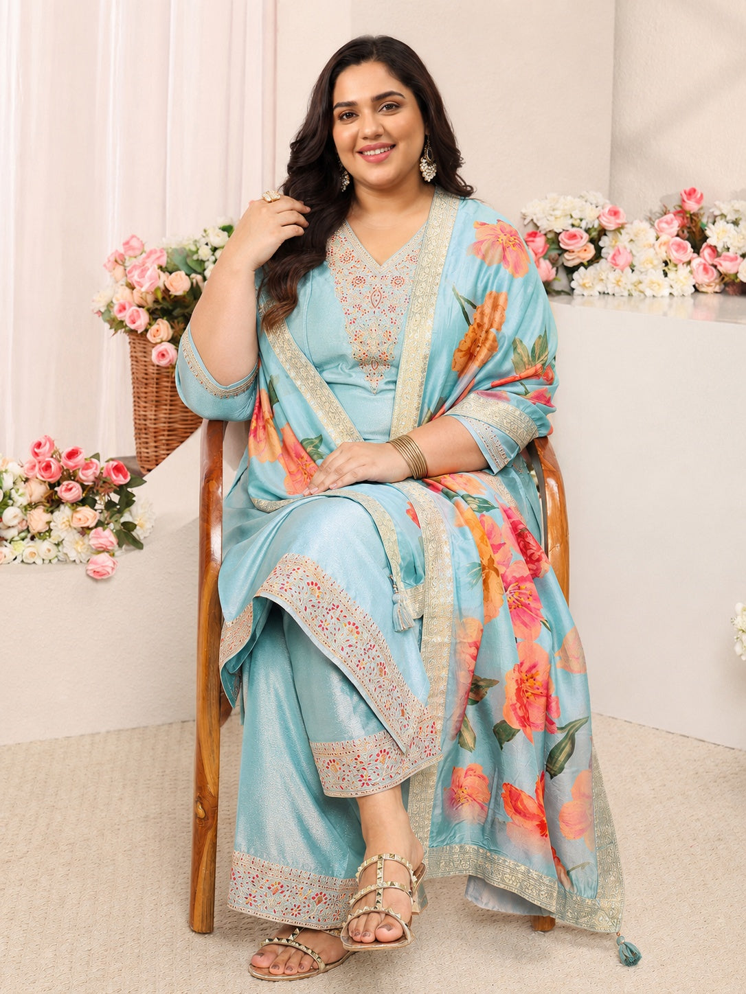 libas Plus Size Blue Yoke Design Silk Blend Straight Suit Set-picture-22