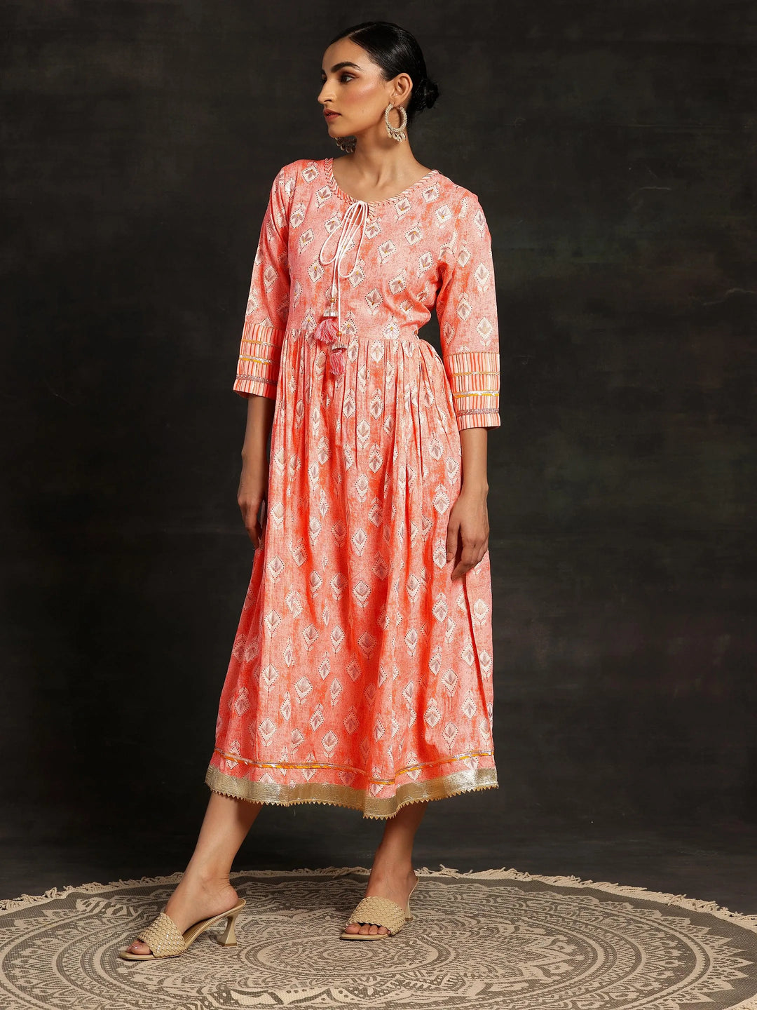 Peach Printed Cotton Fit and Flare Dress - Libas