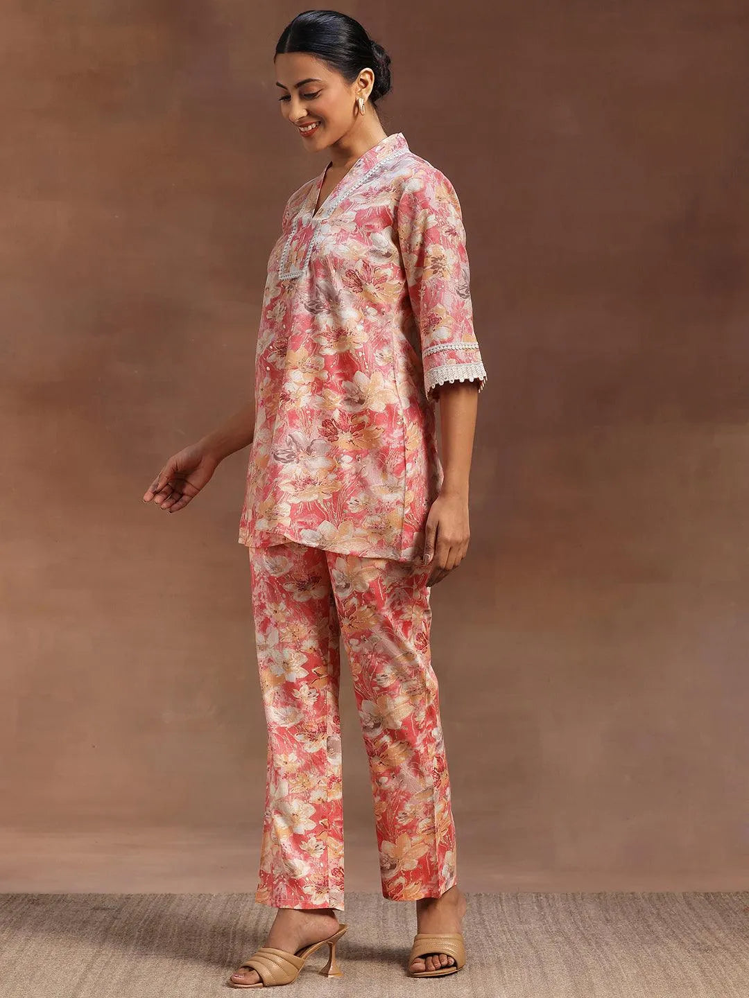 Peach Printed Cotton Blend Co-Ords - Libas 