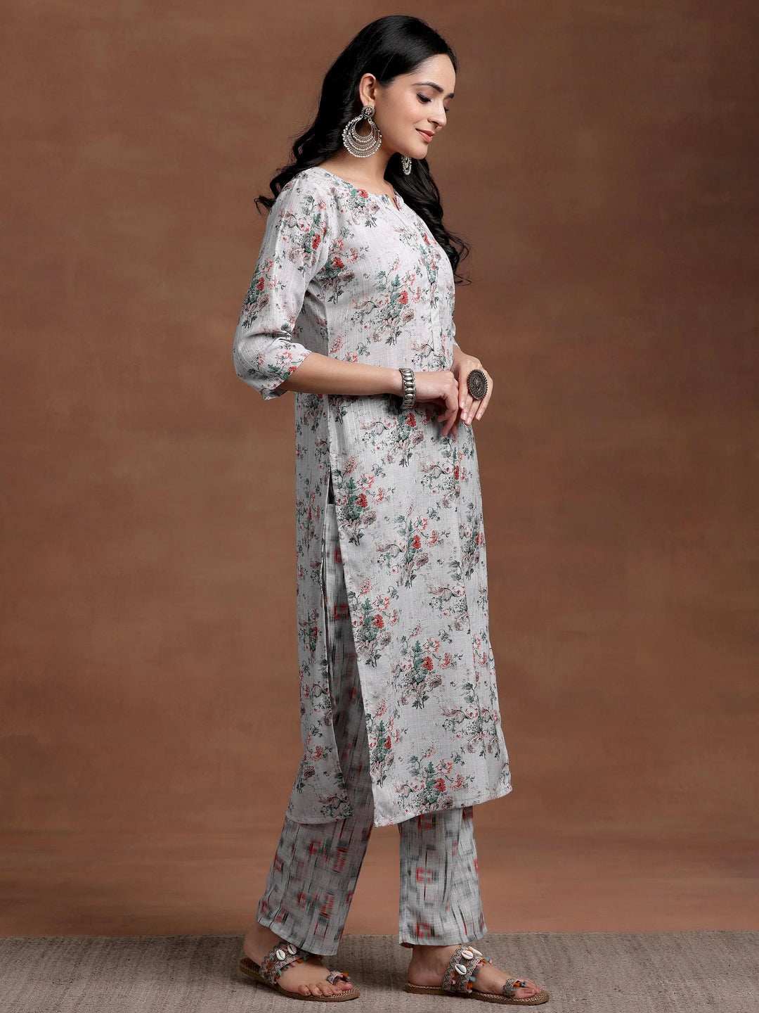 Grey Printed Cotton Straight Suit With Dupatta - Libas