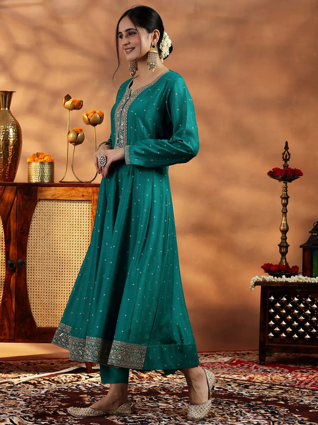  Rama Green Embroidered Silk Blend Anarkali Suit With Dupatta 