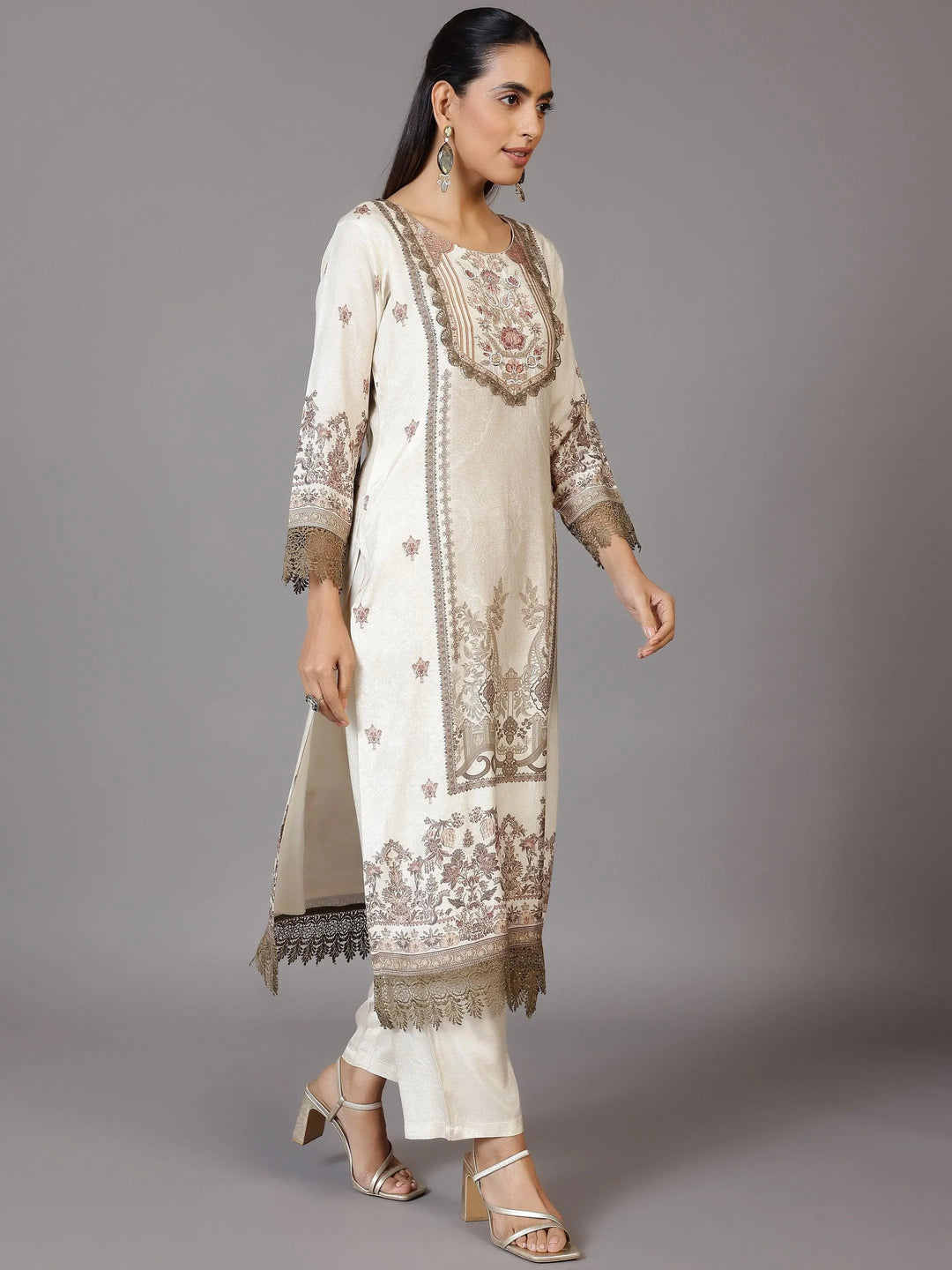 Beige Printed Silk Blend Straight Suit With Dupatta - Libas