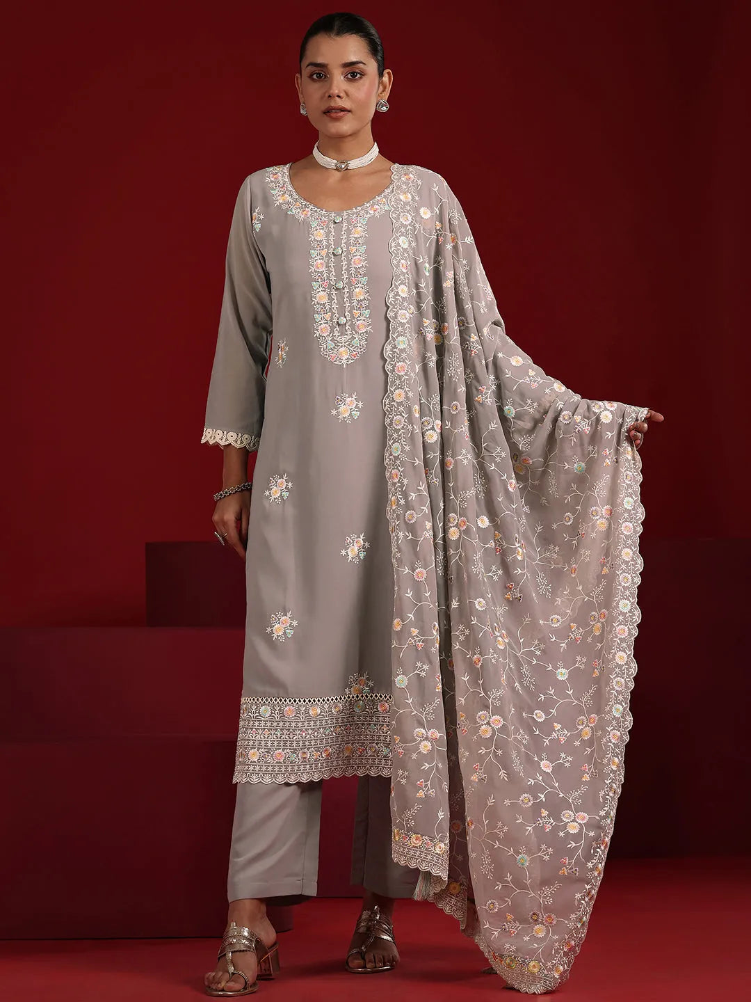  Libas Art Mauve Embroidered Georgette Straight Suit Set With Dupatta 