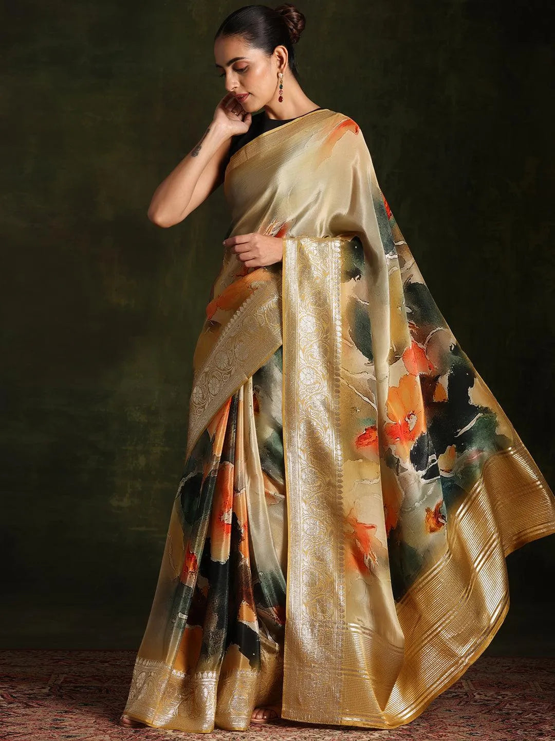 Yellow Printed Organza Saree With Unstitched Blouse Piece - Libas