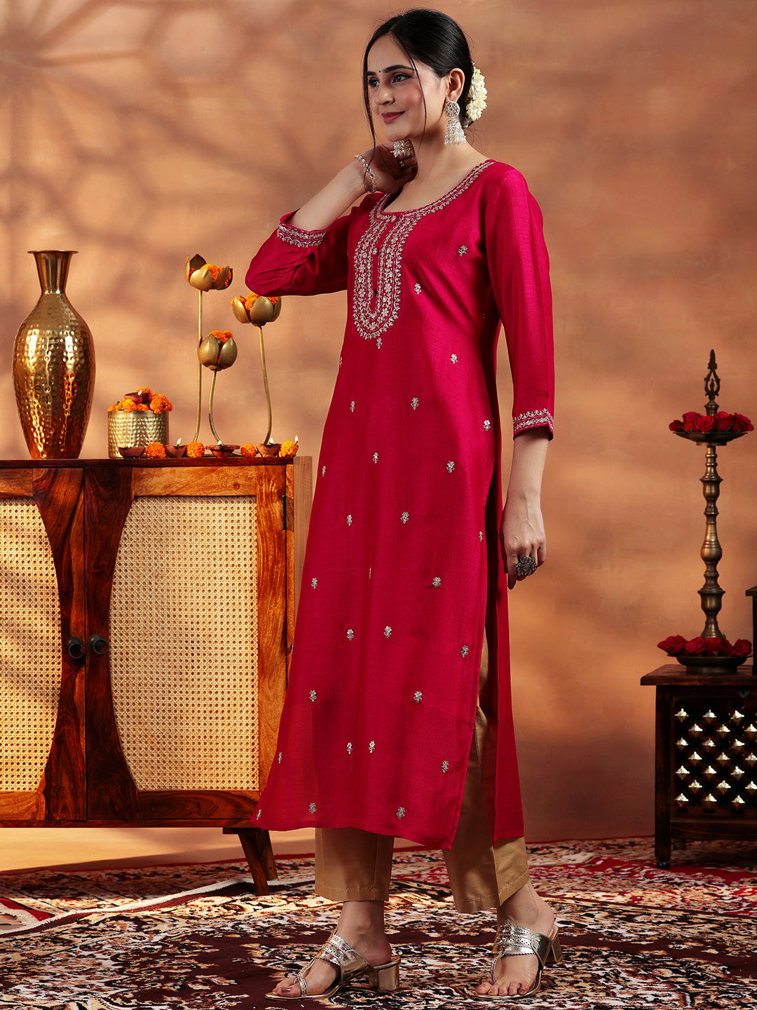  Red Embroidered Silk Straight Kurta 