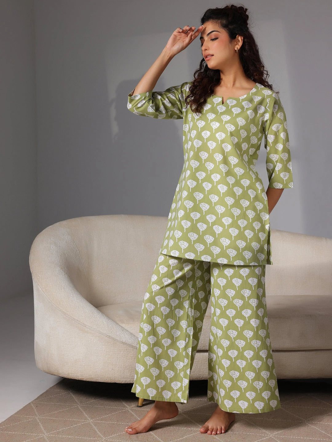 Green Printed Cotton Night Suits - Libas 