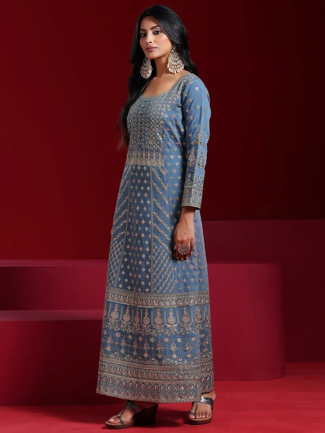  Libas Art Blue Embroidered Silk Blend A-Line Kurta With Trousers & Dupatta 