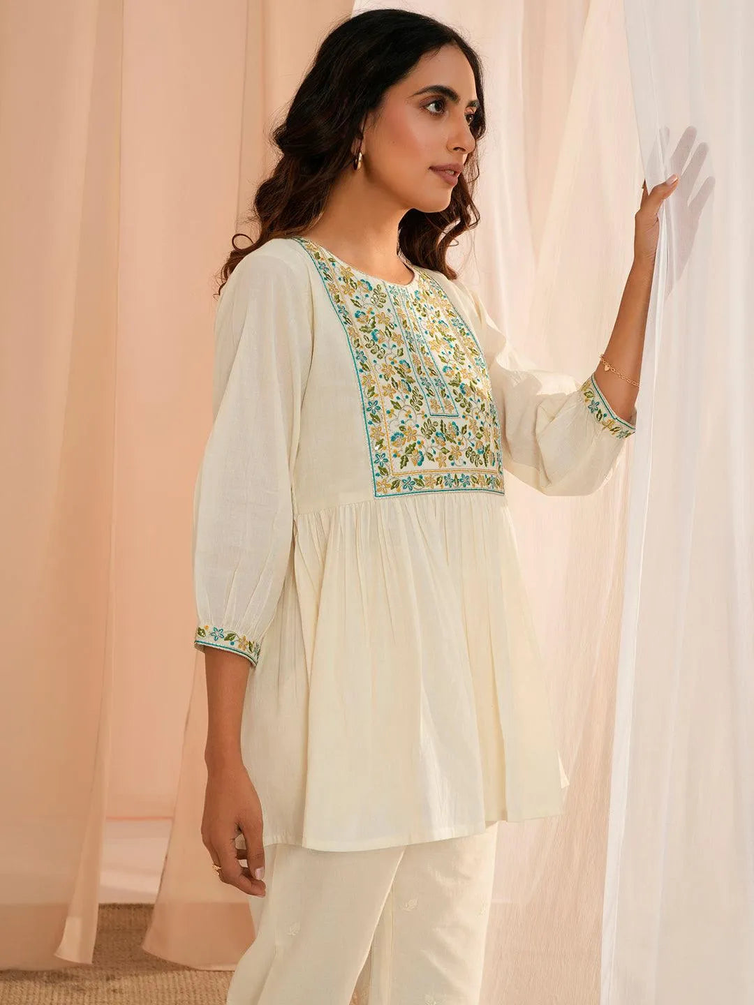 Off White Yoke Design Cotton A-Line Kurti - Libas 
