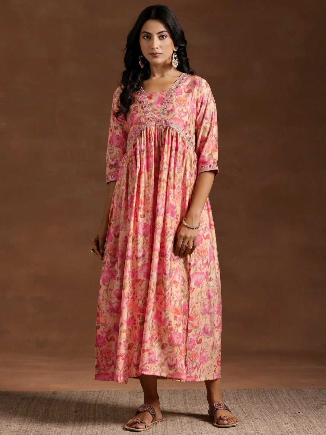 Orange Printed Silk Fit and Flare Dress - Libas 