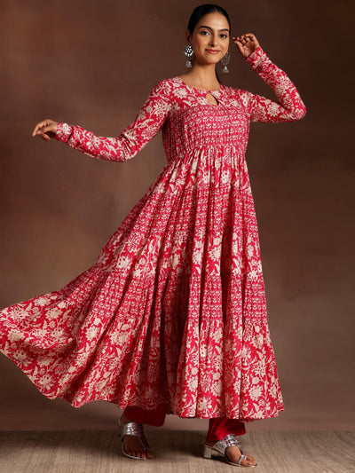 Kashish Pink Printed Cotton A-Line Kurta With Trousers & Dupatta - Libas
