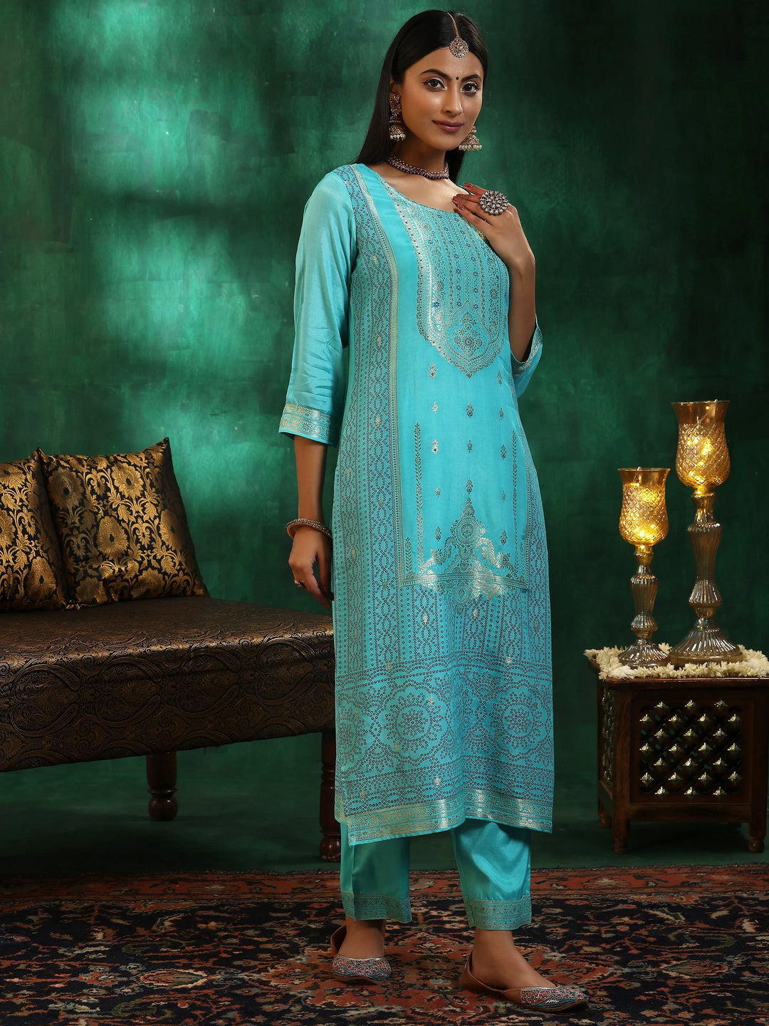  Turquoise Blue Woven Design Silk Blend Straight Suit With Dupatta 