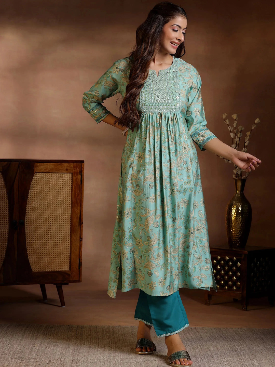  Green Printed Silk Blend A-Line Kurta With Palazzos 