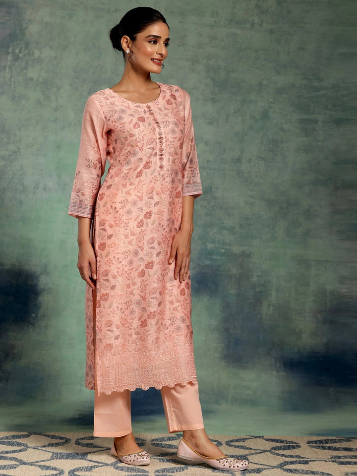 Peach Printed Chanderi Silk Straight Suit With Dupatta - Libas